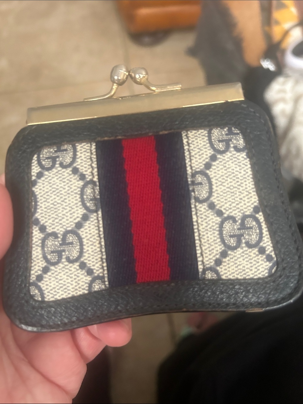 Gucci Beige Monogram Coin Purse with Navy and Red Web Stripe